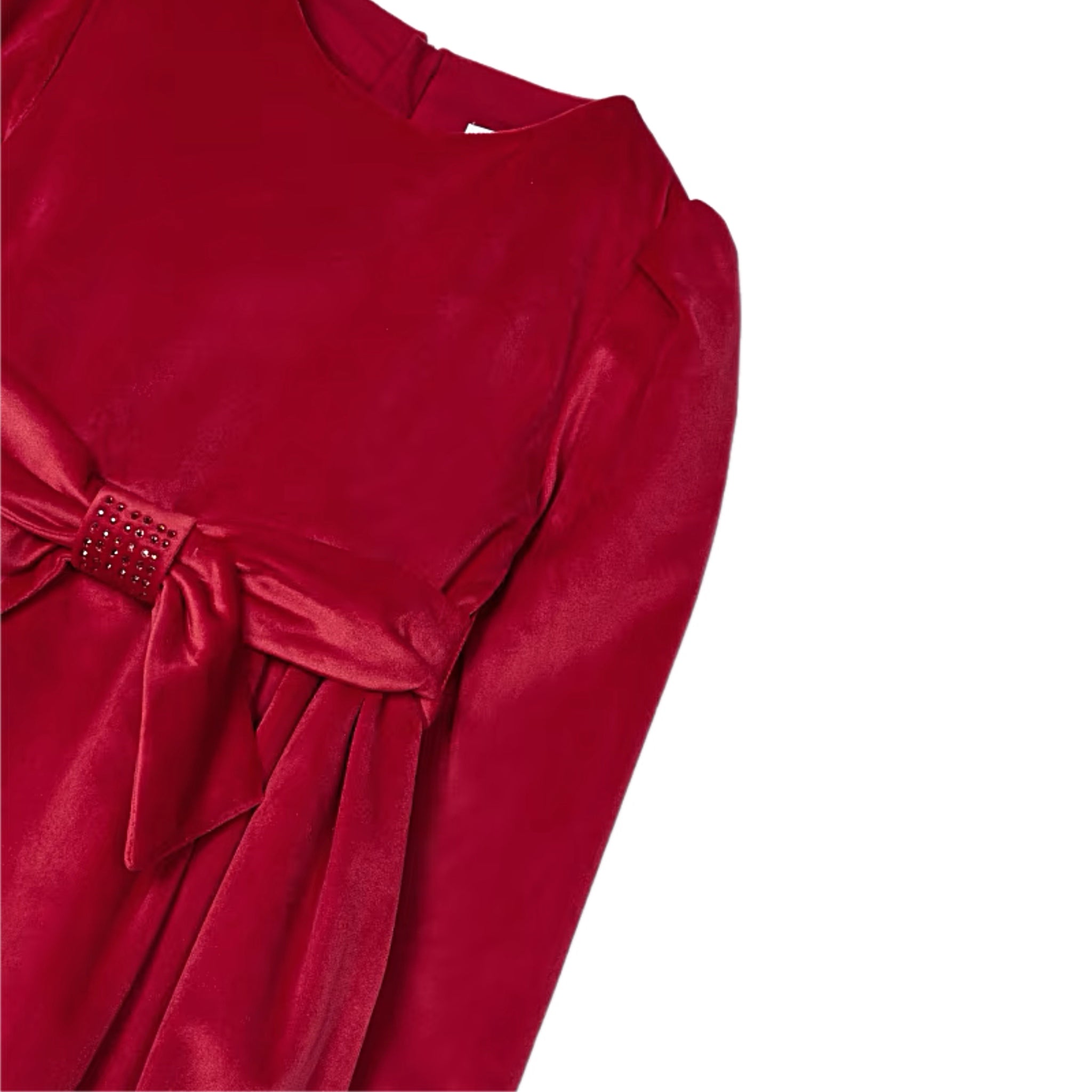 RED BELTED VELVET DRESS