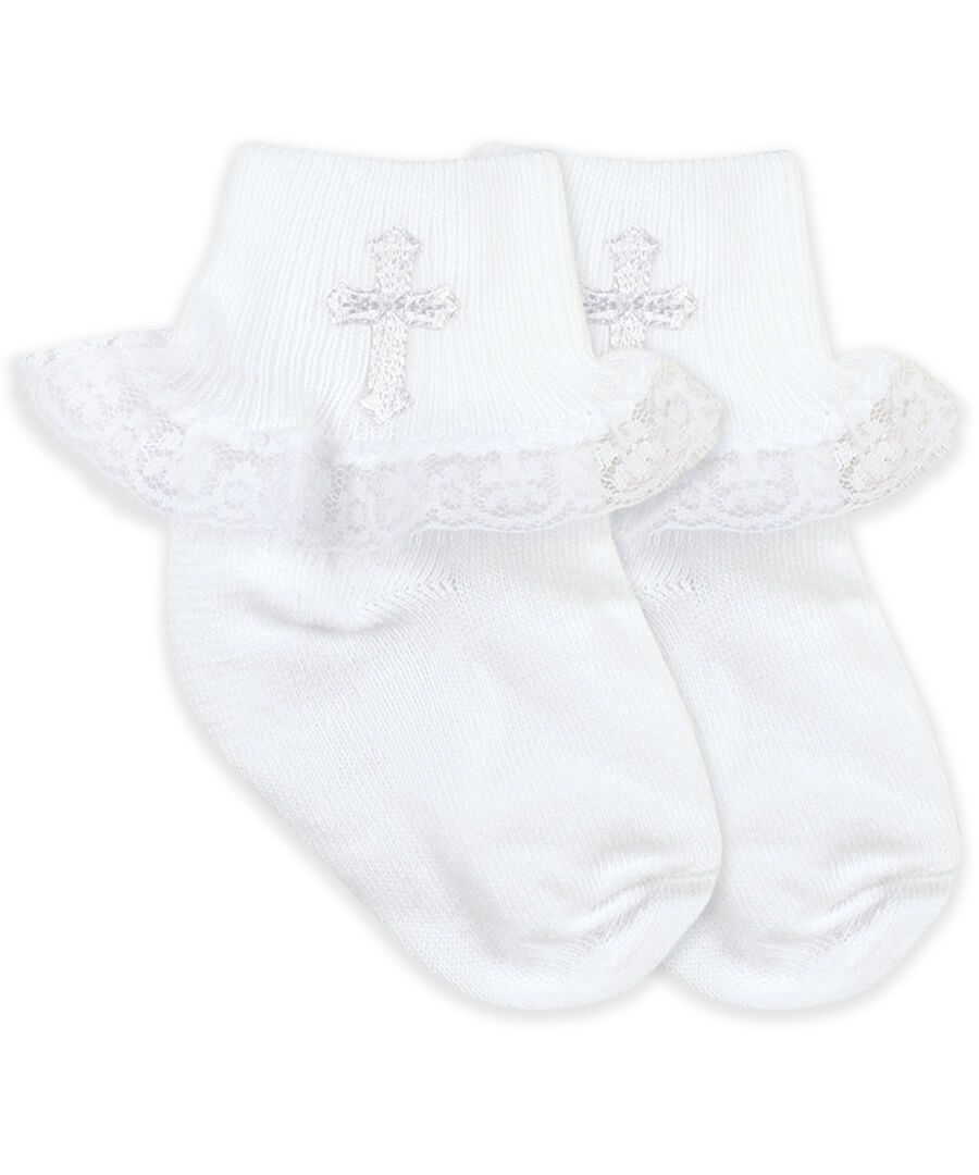 WHITE SMOOTH TOE CROSS EMBROIDERED BABY GIRL  LACE SOCKS