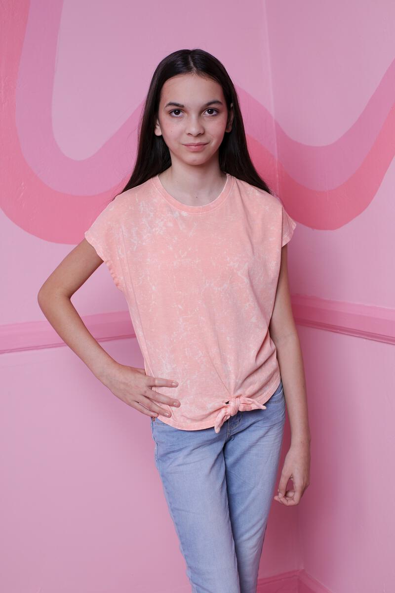 TWEEN TROPICAL PEACH WASHED TIE FRONT TEE