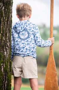 KID'S PRO PERFORMANCE HOODIE T-SHIRT IN BLUE BREAK POINT CAMO WITH PRODOH LOGO