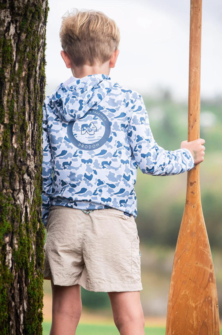 KID'S PRO PERFORMANCE HOODIE T-SHIRT IN BLUE BREAK POINT CAMO WITH PRODOH LOGO