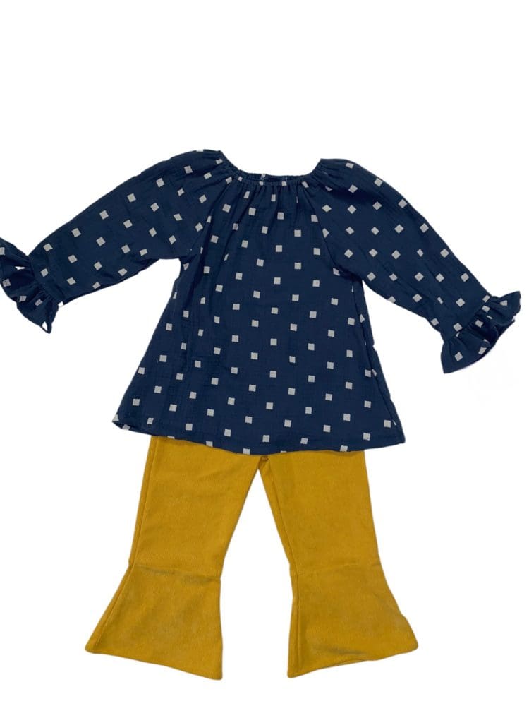 BLUE AND WHITE GEOMETRIC TOP AND MUSTARD  BELL BOTTOMS SET