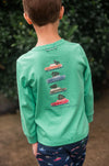 KID'S LONG SLEEVE T-SHIRT CHRISTMAS CARS ON GREEN