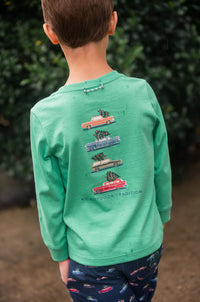KID'S LONG SLEEVE T-SHIRT CHRISTMAS CARS ON GREEN