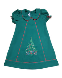 CHRISTMAS TREE EMBROIDERED HUNTER GREEN DRESS