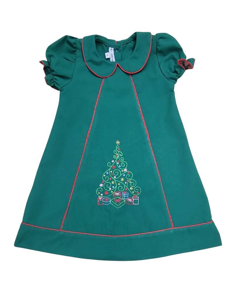 CHRISTMAS TREE EMBROIDERED HUNTER GREEN DRESS