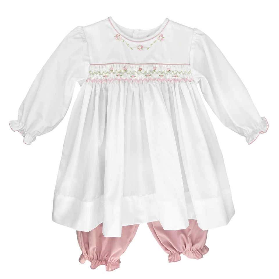SMOCKED AUTUMN DRESS WITH MATCHING BLOOMERS