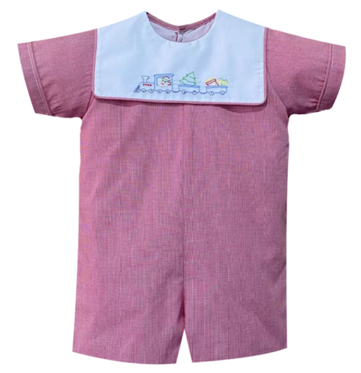 RED DALLAS EMBROIDERED CHRISTMAS TRAIN BOY ROMPER