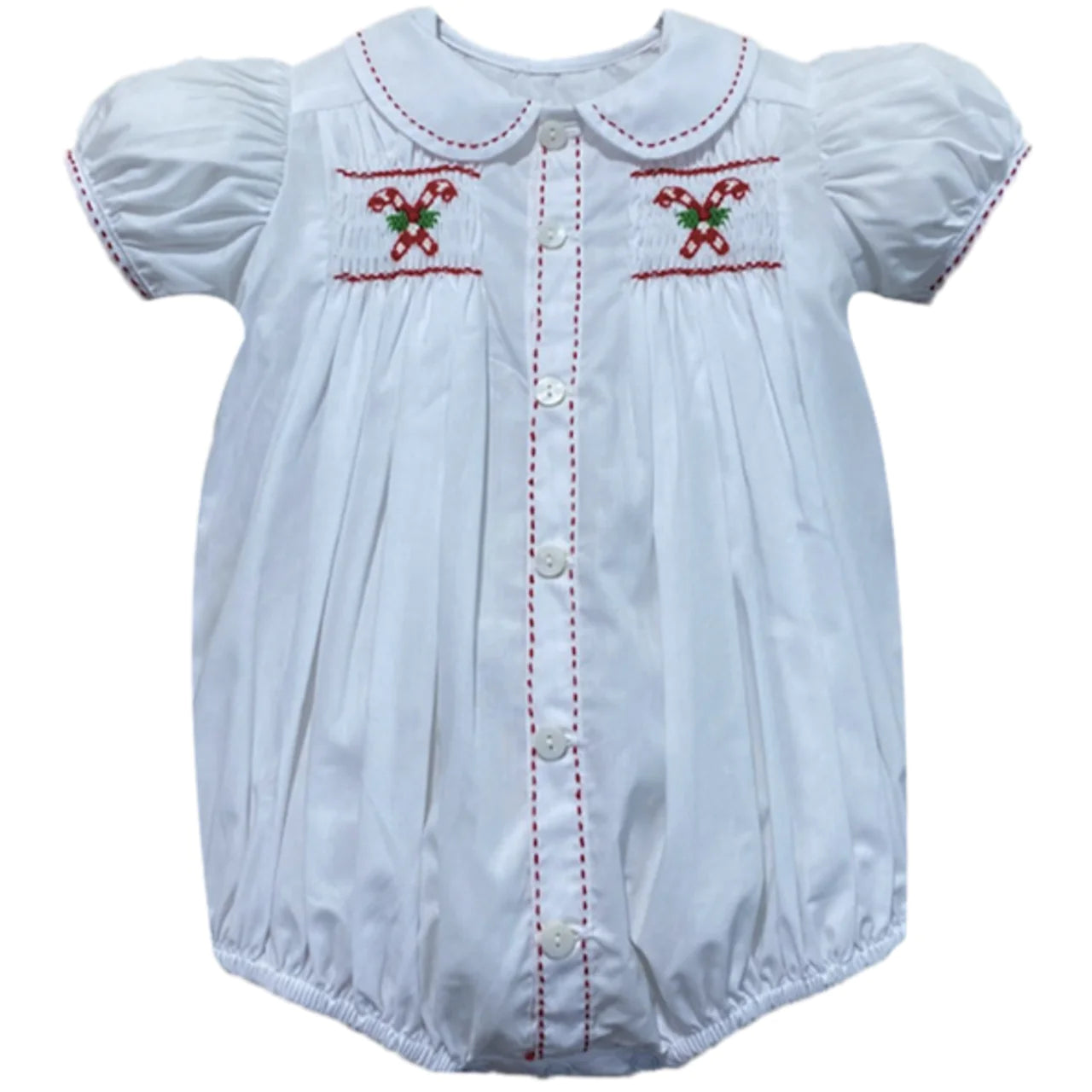 WHITE EMERSON CANDY CANE SMOCKED GIRL BUBBLE