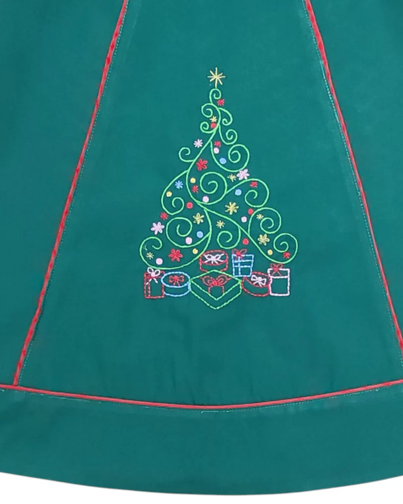 CHRISTMAS TREE EMBROIDERED HUNTER GREEN DRESS