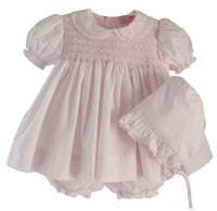 PINK SMOCKED DRESS BLOOMERS AND BONNET SET