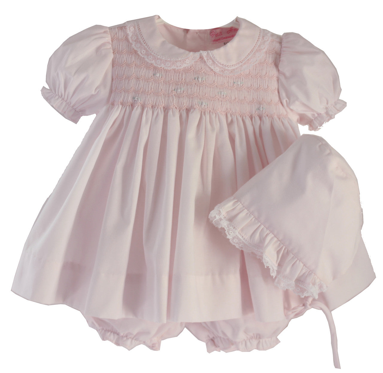 PINK SMOCKED DRESS BLOOMERS AND BONNET SET