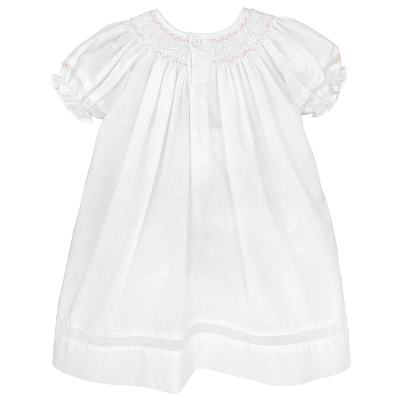 SMOCKED HEIRLOOM DAYGOWN WITH VOILE INSERT AND MATCHING BONNET - WHITE