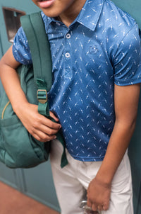 BOY'S SHORT SLEEVE PRO PERFORMANCE POLO IN FISHING ROD PRINT ON BLUE