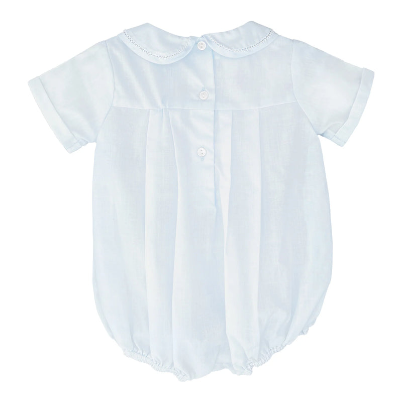 BABY BOY BUBBLE WITH HAND EMBROIDERED FEATHER STITCHING