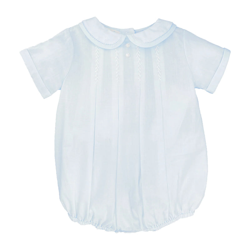 BABY BOY BUBBLE WITH HAND EMBROIDERED FEATHER STITCHING