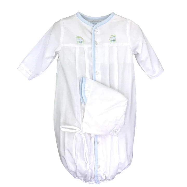 TRAIN EMBROIDERED CONVERTER GOWN AND BONNET - WHITE