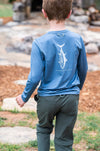 KID'S PRO PERFORMANCE LONG SLEEVE T-SHIRT IN DUSTY BLUE WITH TUNA FISH ART