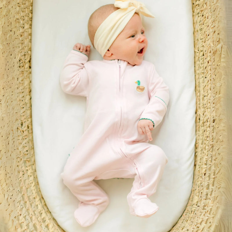 MINI MALLARD EMBROIDERED RUFFLE ZIP FOOTIE PINK