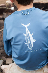 KID'S PRO PERFORMANCE LONG SLEEVE T-SHIRT IN DUSTY BLUE WITH TUNA FISH ART