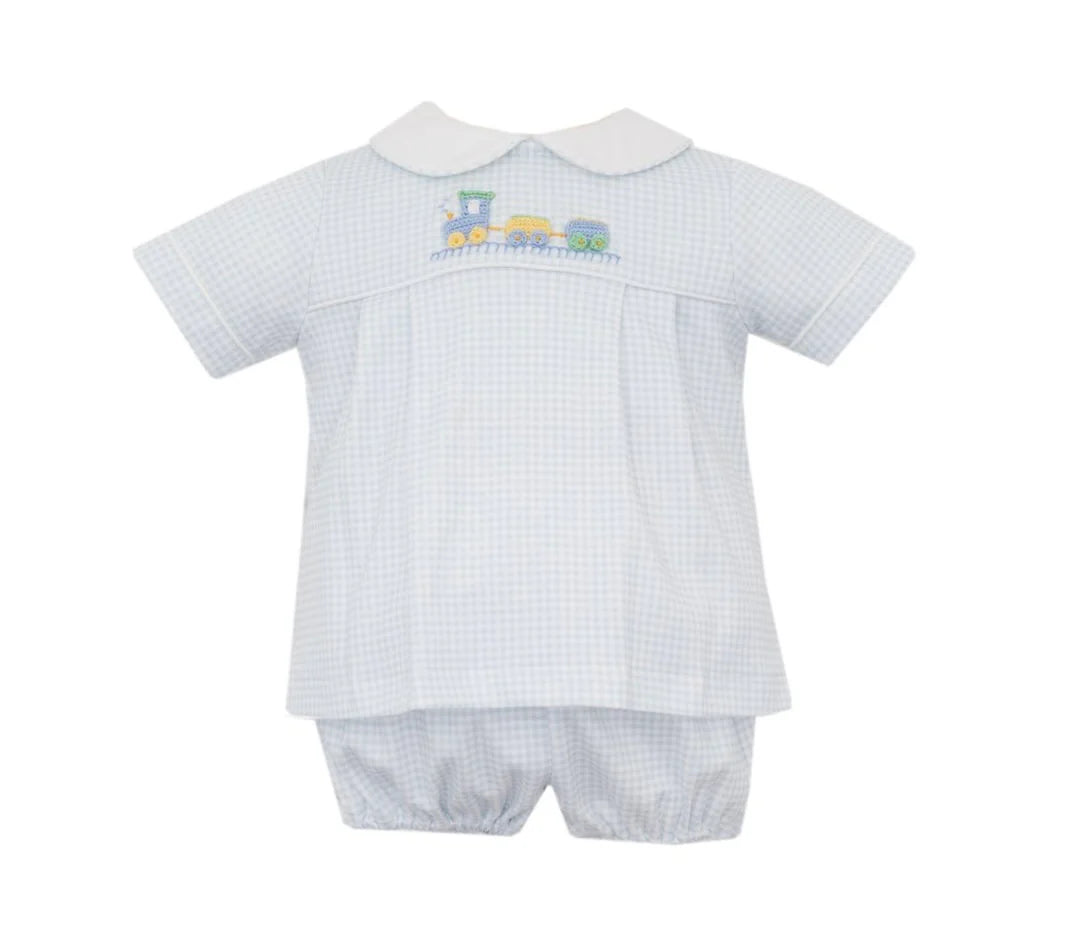 LIGHT BLUE GINGHAM KNIT TRAIN BOYS DIAPER SET