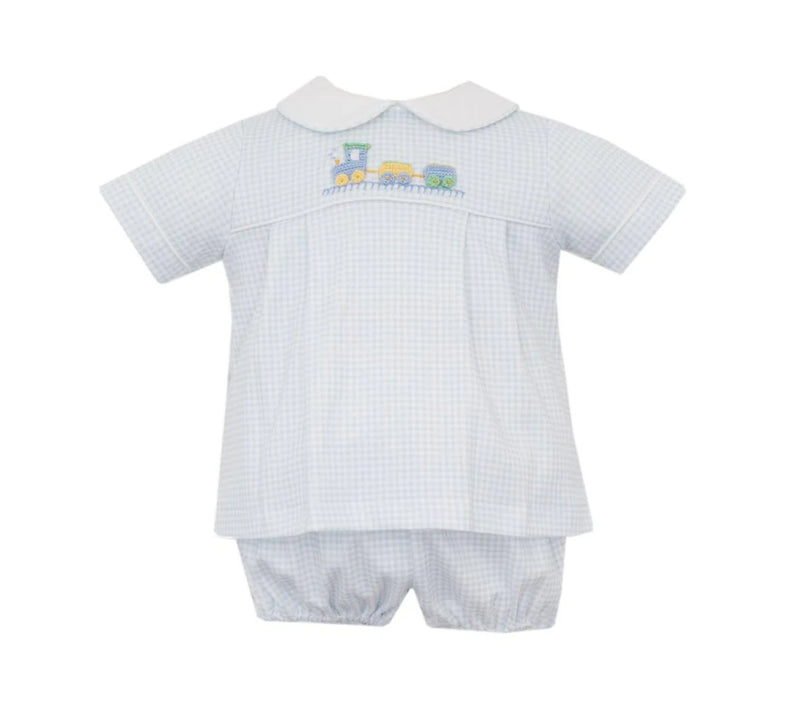 LIGHT BLUE GINGHAM KNIT TRAIN BOYS DIAPER SET