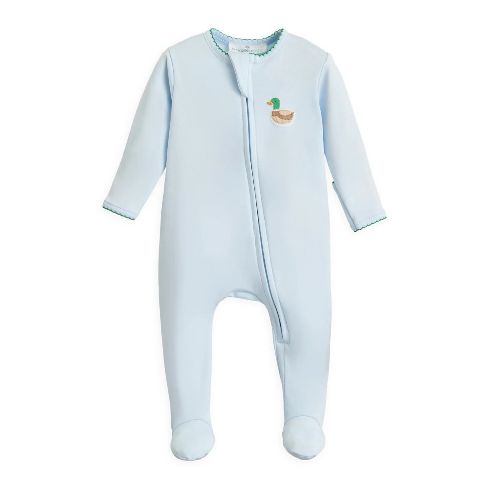 MINI MALLARD EMBROIDERED ZIPPER FOOTIE LIGHT BLUE