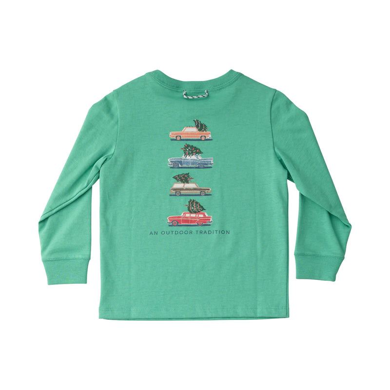 KID'S LONG SLEEVE T-SHIRT CHRISTMAS CARS ON GREEN