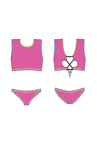 TWEEN FUCHSIA TWO PIECE SWIMSUIT WITH EMBROIDERY DETAIL