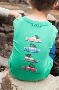 KID'S LONG SLEEVE T-SHIRT CHRISTMAS CARS ON GREEN