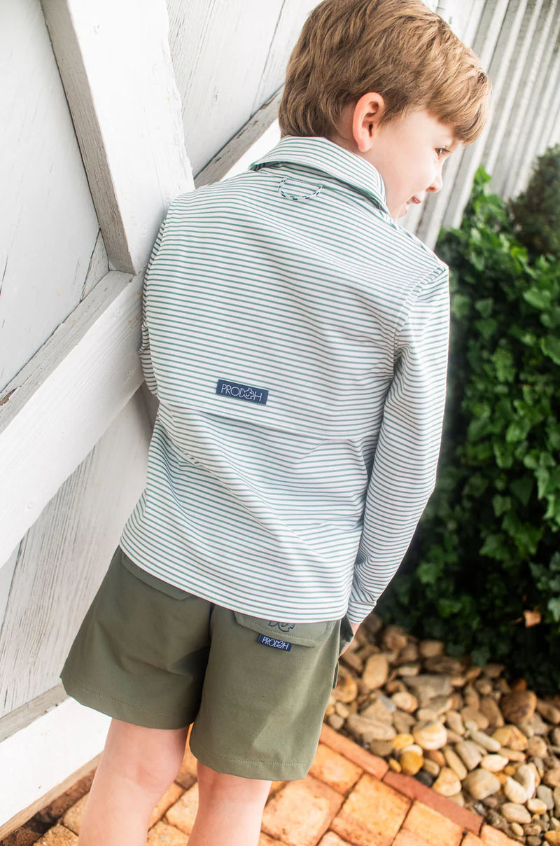 BOY'S LONG SLEEVE PRO PERFORMANCE POLO IN GREEN SPRUE STRIPE