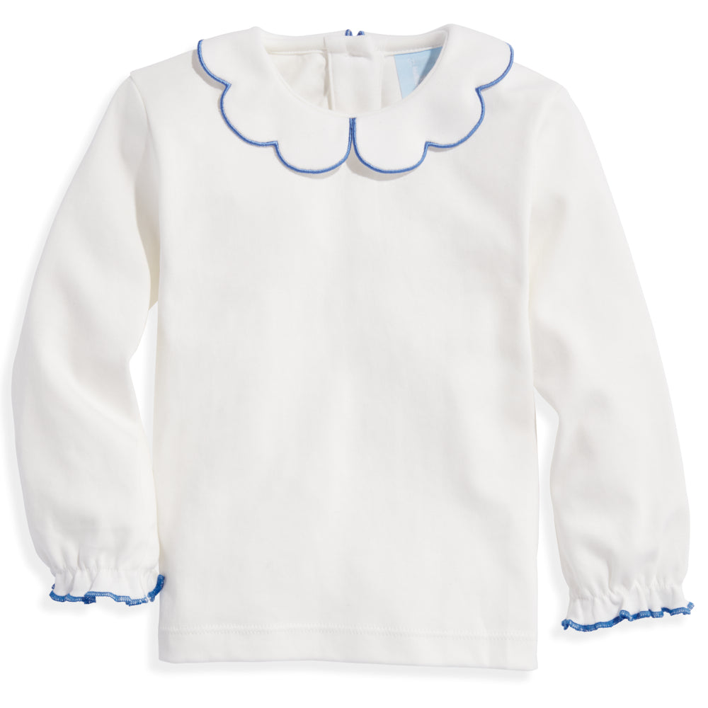 LONG SLEEVE PIMA SCALLOP CALLAR TEE - IVORY/SAPPHIRE