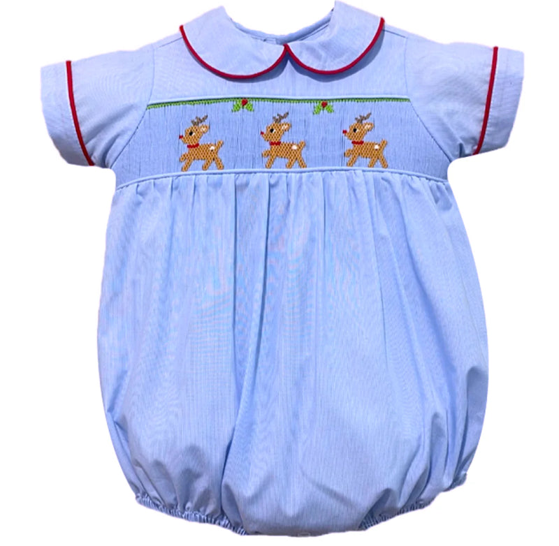 BLUE BRYN SMOCKED RUDOLPH BABY BOY BUBBLE