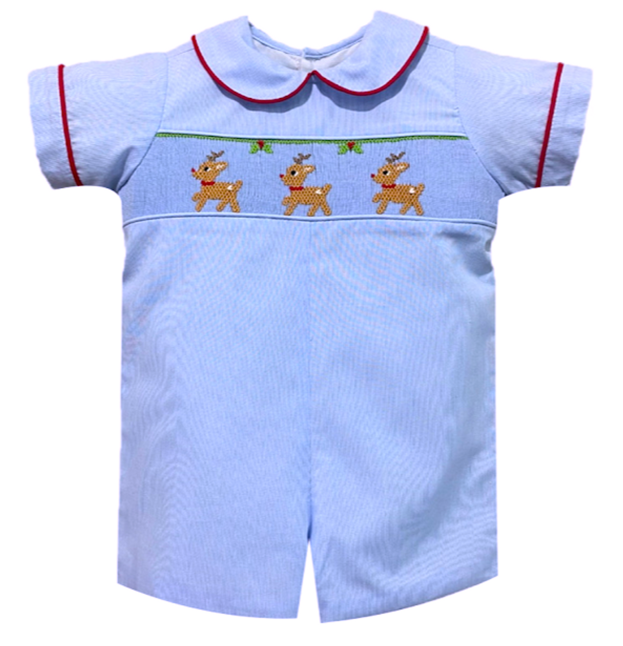 BLUE MARSHALL SMOCKED RUDOLPH BOY ROMPER