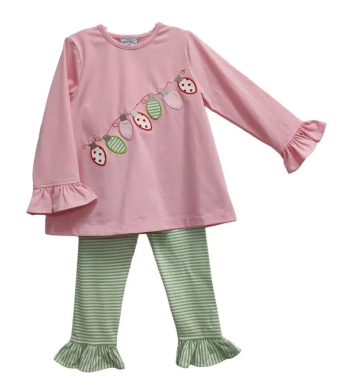 GIRLS CHRISTMAS LIGHTS APPLIQUE RUFFLE PANT SET