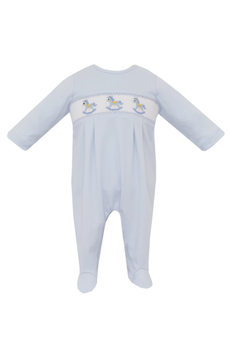 ROCKING HORSE SMOCKED LIGHT BLUE KNIT BOY'S LONG FOOTIE
