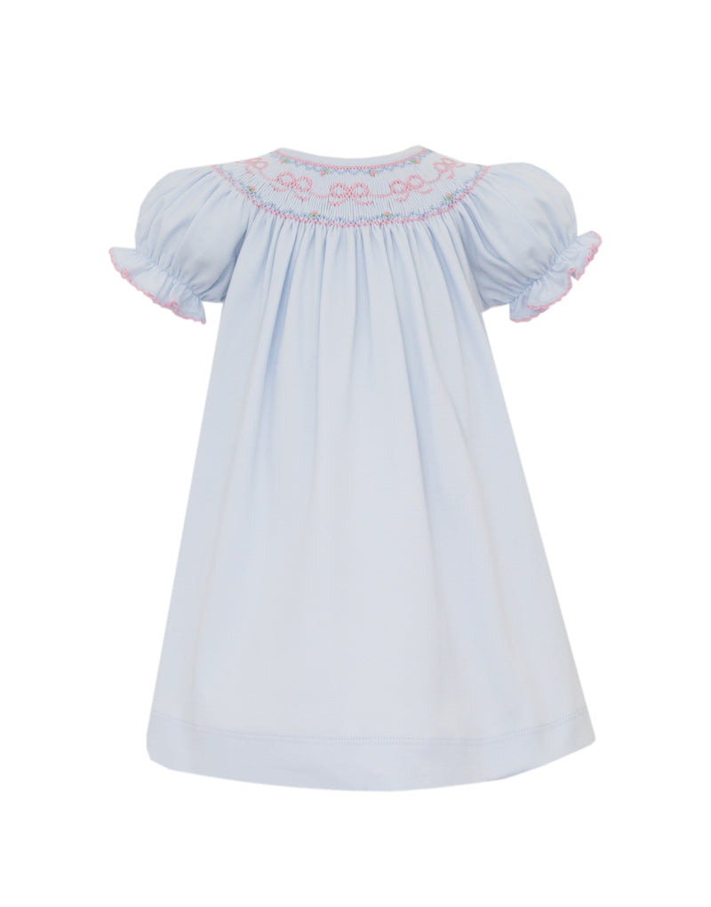 BOW SMOCKED GIRLS SHORT SLEEVE BISHOP DRESS