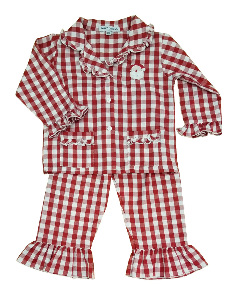 RED GINGHAM SANTA EMBROIDERED GIRLS PAJAMAS