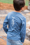 KID'S PRO PERFORMANCE LONG SLEEVE T-SHIRT IN DUSTY BLUE WITH TUNA FISH ART