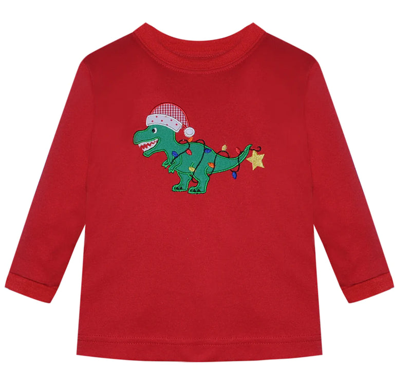 RED HOUSTON LONG SLEEVE TEE - DINOSAUR SANTA