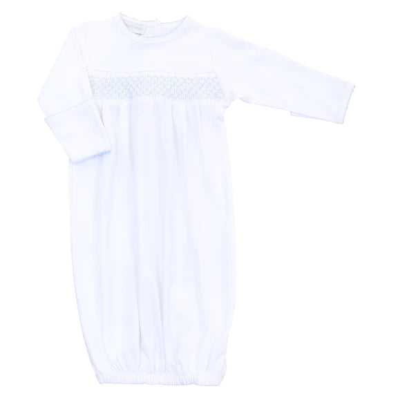 ESSENTIALS WHITE AND BLUE SMOCKED GOWN