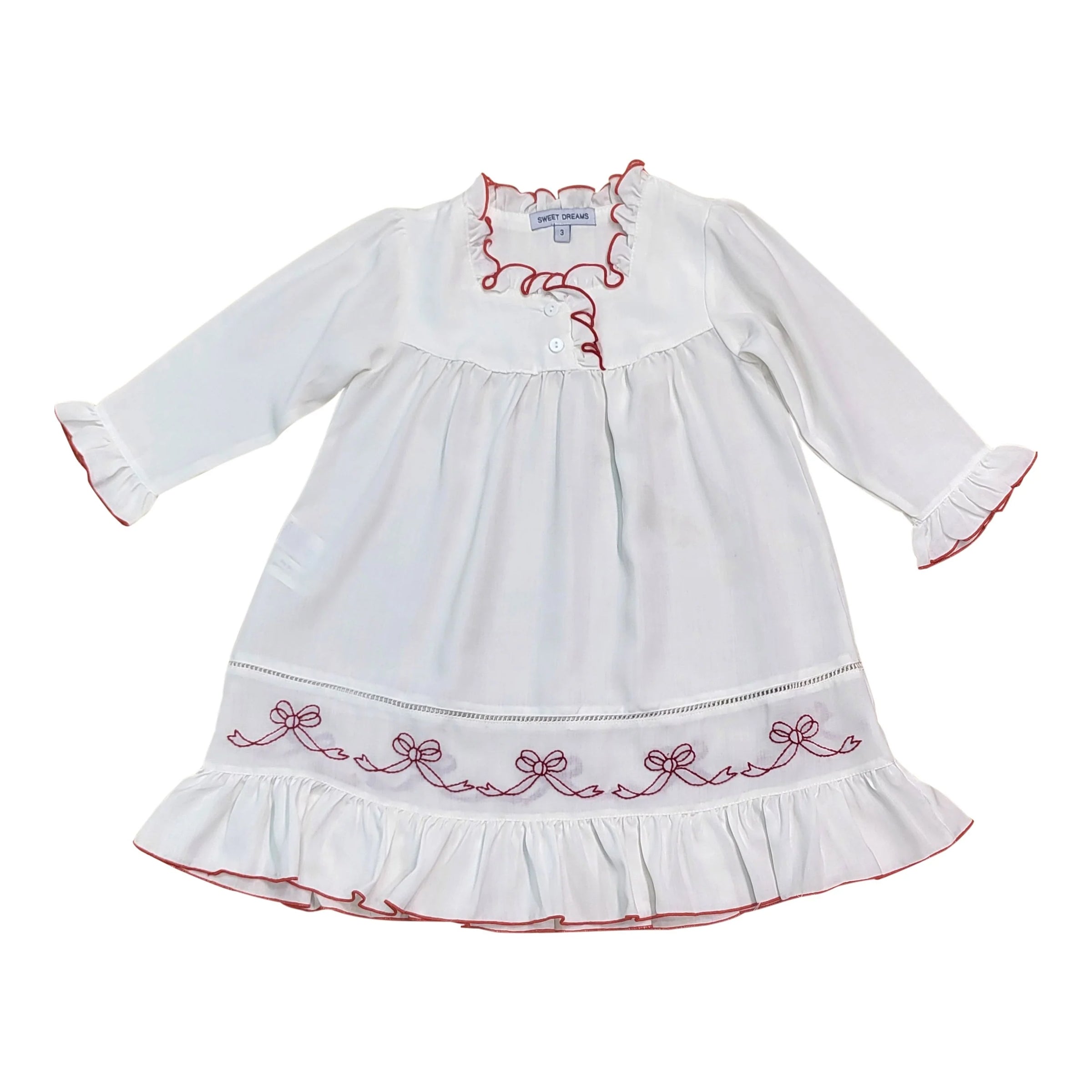 WHITE GOWN WITH RED EMBROIDERED BOWS