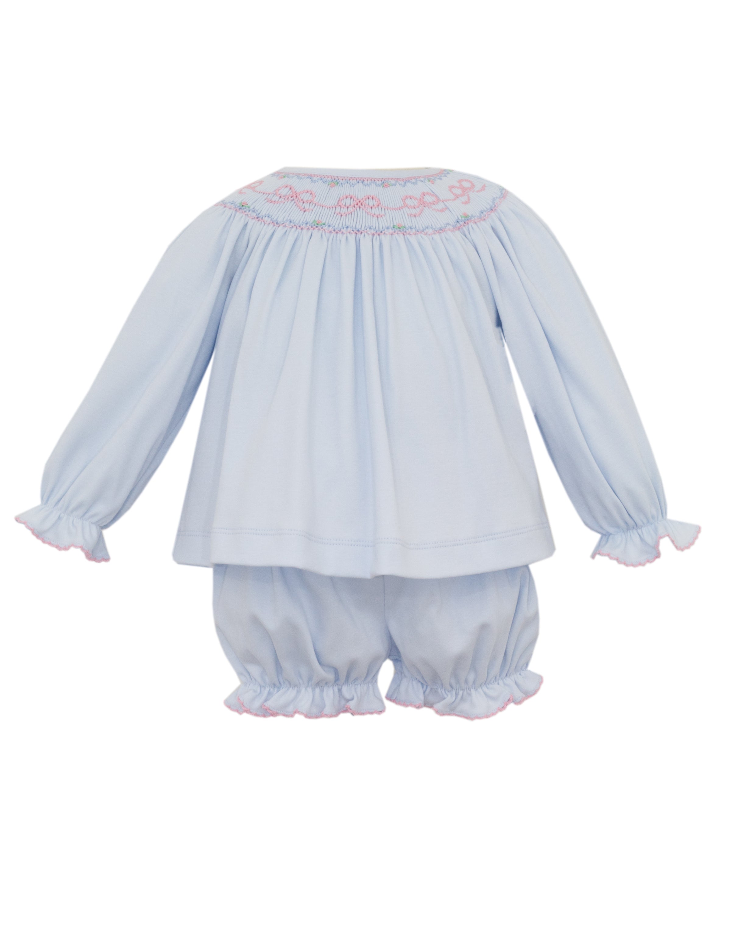 BOW SMOCKED GIRLS LONG SLEEVE KNIT BISHOP BLOOMER SET