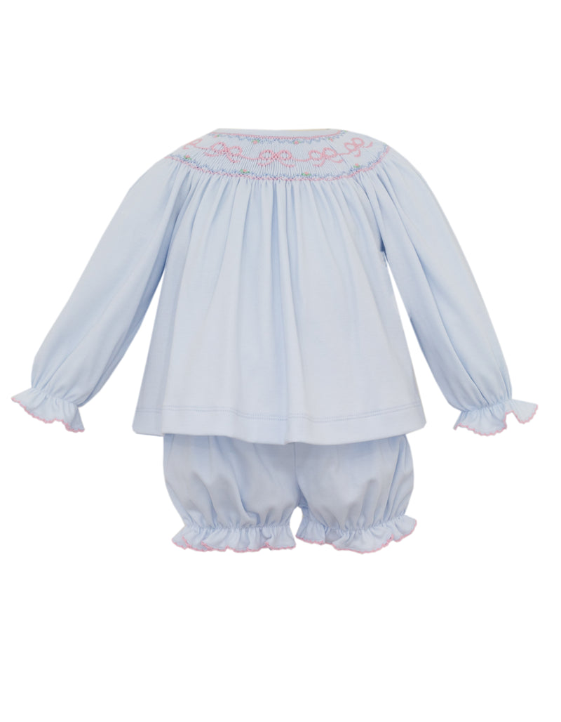 BOW SMOCKED GIRLS LONG SLEEVE KNIT BISHOP BLOOMER SET