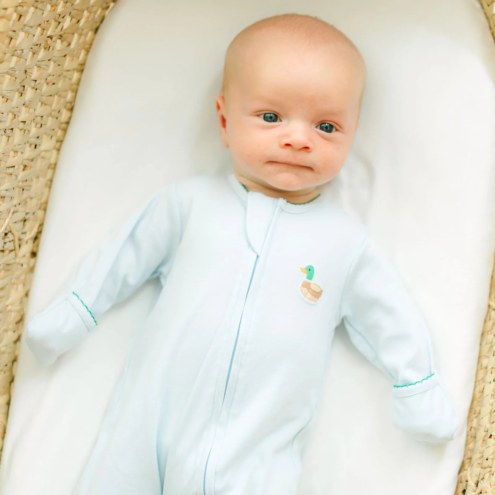 MINI MALLARD EMBROIDERED ZIPPER FOOTIE LIGHT BLUE