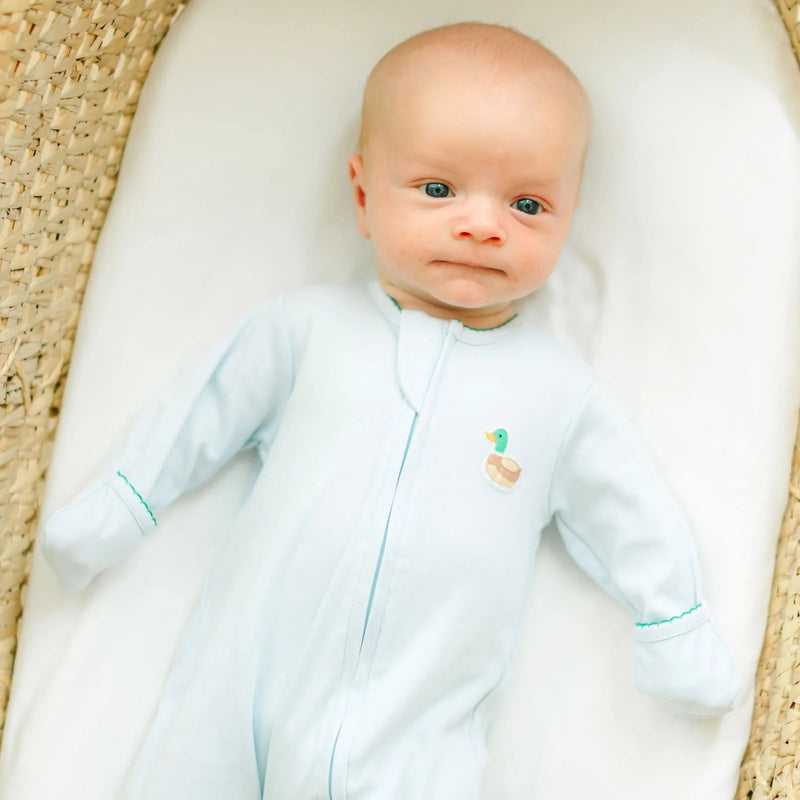 MINI MALLARD EMBROIDERED ZIPPER FOOTIE LIGHT BLUE