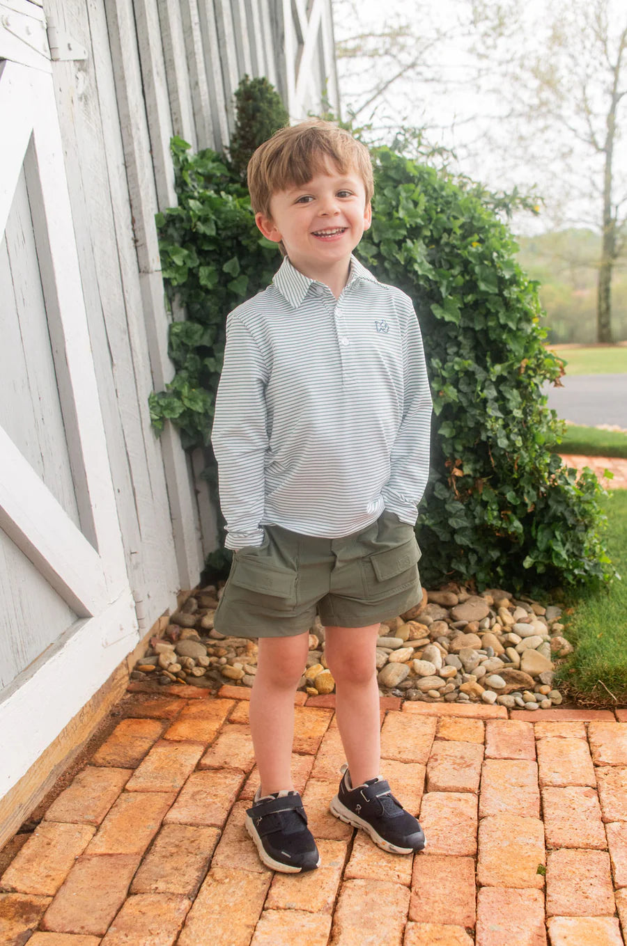 BOY'S LONG SLEEVE PRO PERFORMANCE POLO IN GREEN SPRUE STRIPE