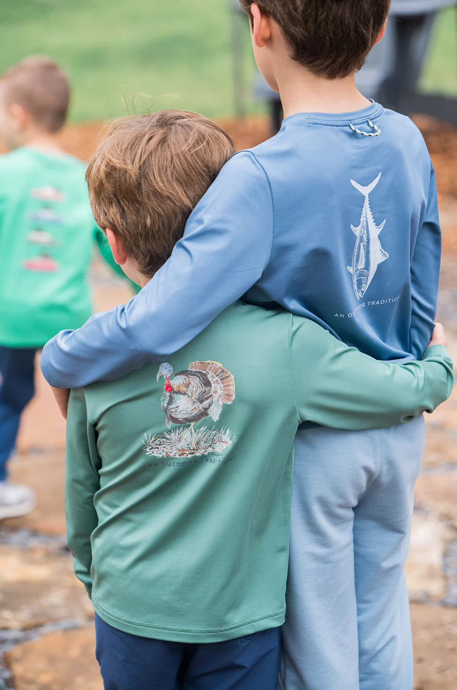 KID'S PRO PERFORMANCE LONG SLEEVE T-SHIRT IN DUSTY BLUE WITH TUNA FISH ART