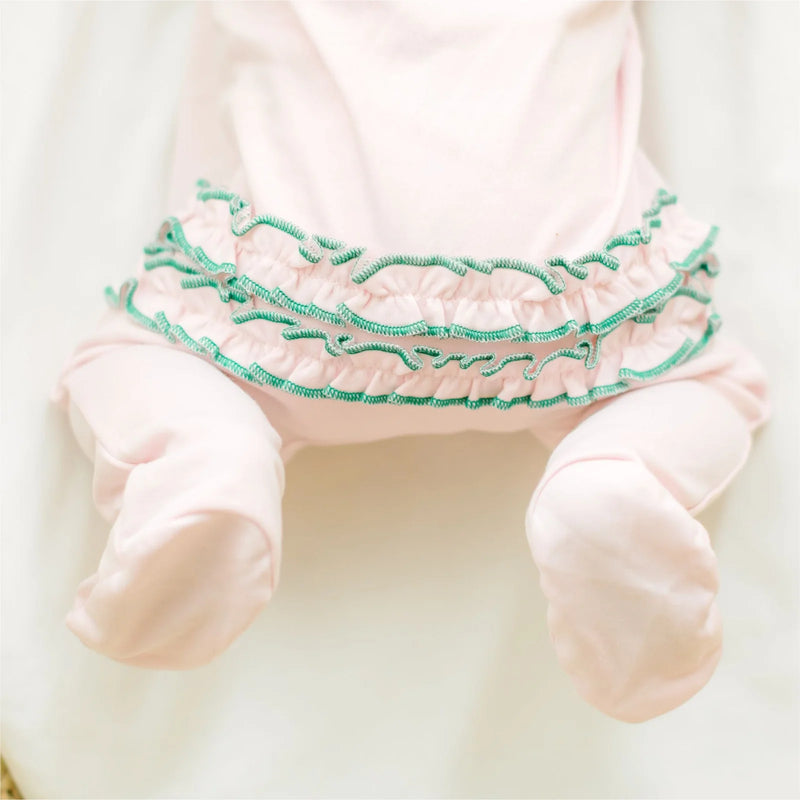 MINI MALLARD EMBROIDERED RUFFLE ZIP FOOTIE PINK