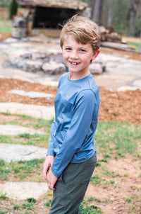 KID'S PRO PERFORMANCE LONG SLEEVE T-SHIRT IN DUSTY BLUE WITH TUNA FISH ART